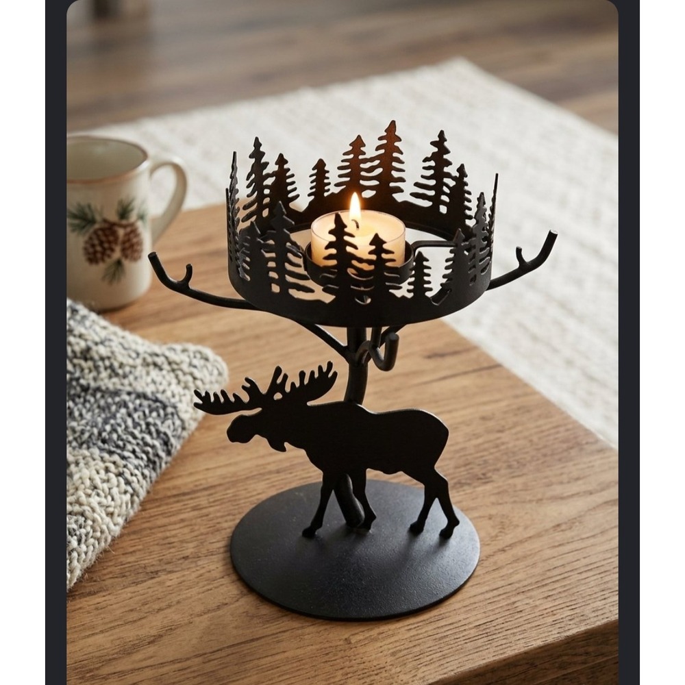 Cabincore Moose Pine Forest Metal Tealight Candle Holder Rustic Lodge Decor
